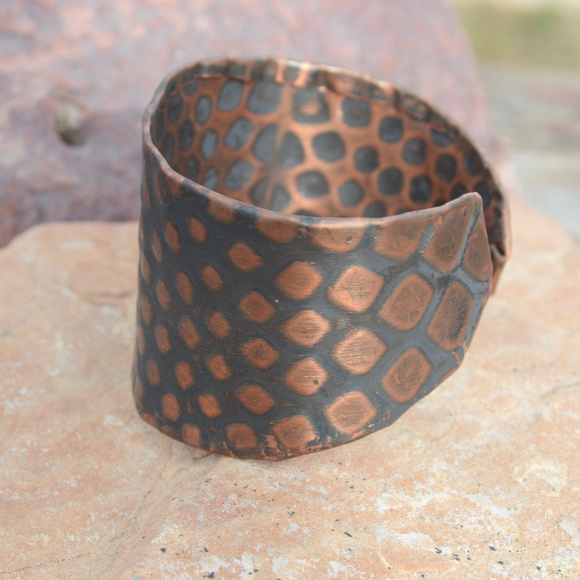 Embossed Copper Snake Skin Wide Cuff Bracelet Boho Snakeskin - Picture 6 of 8